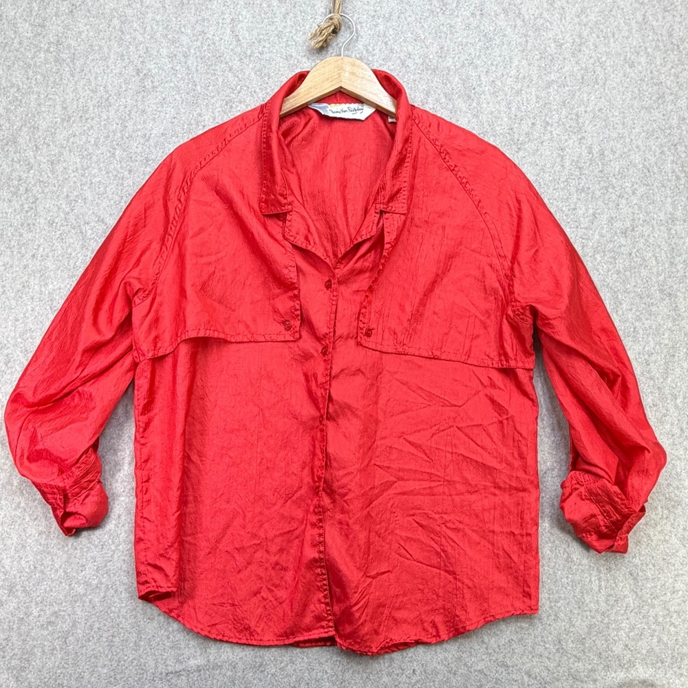 Vtg Diane Von Furstenberg Shirt Womens 14 Red Utility Quiet Luxury Retro Safari